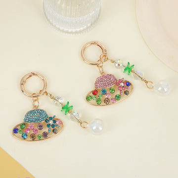 Rhinestone Sun Hat Keychain Pearl Bead Tassel Bag Charm