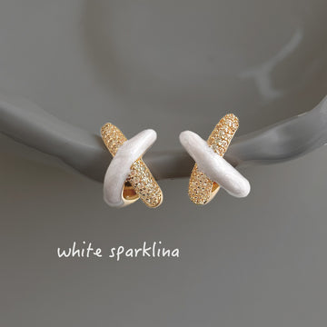 Gold-Tone Cross Studs White Enamel and Clear Pavé Stones