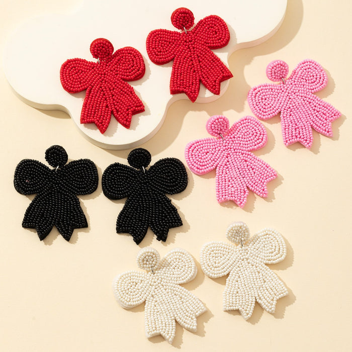 Beaded Bow Drop Earrings Round Stud Top Four Colors