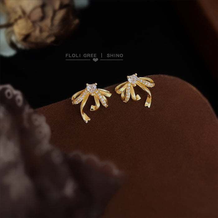 Gold Tone Clear Stone Looped Ribbon Bow Stud Earrings For Women