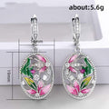 Silver Tone Pink Green Enamel Oval Flower Drop Earrings view 5
