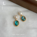 Gold-Tone Pearl Stud Oval Abalone Shell Drop Earrings view 3