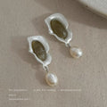 Silver Matte Wave Frame Olive Cabochon Pearl Drop Earrings view 1