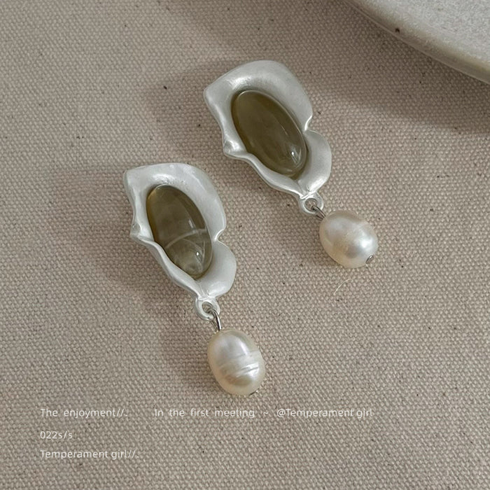 Silver Matte Wave Frame Olive Cabochon Pearl Drop Earrings
