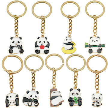 Apple, Bamboo and Rocking Panda Enamel Keychains, 8 Poses