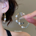 Beaded Pearl C Hoop Stud Earrings In White And Brown view 2