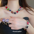 Silver Multicolor Crystal Bracelet Necklace Stud Set view 2