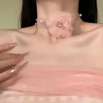 Pink Sheer Flower Ribbon Choker Necklace Fashion Jewelry Accessory