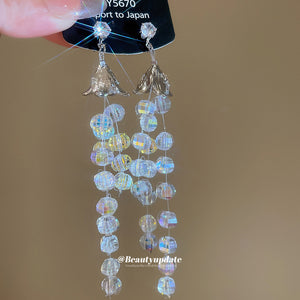 Iridescent Crystal Cluster Long Drop Earrings in Silver Tone