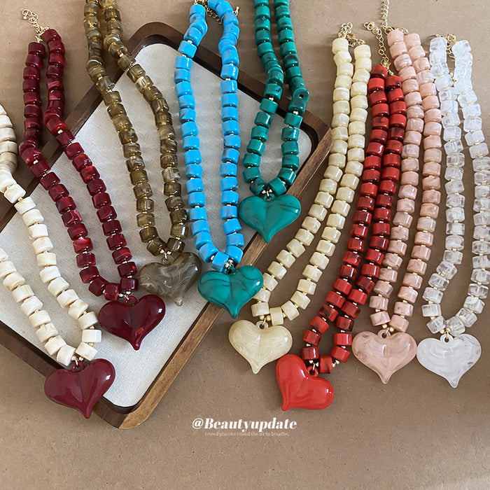 Chunky Beaded Heart Pendant Necklaces in Assorted Colors