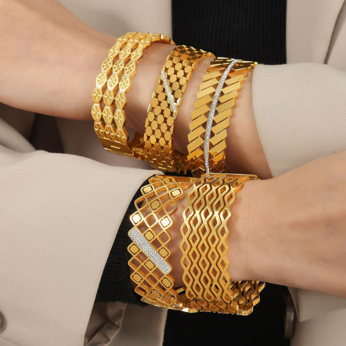 Gold Geometric Cutout Wide Cuff Bracelets Crystal Accents