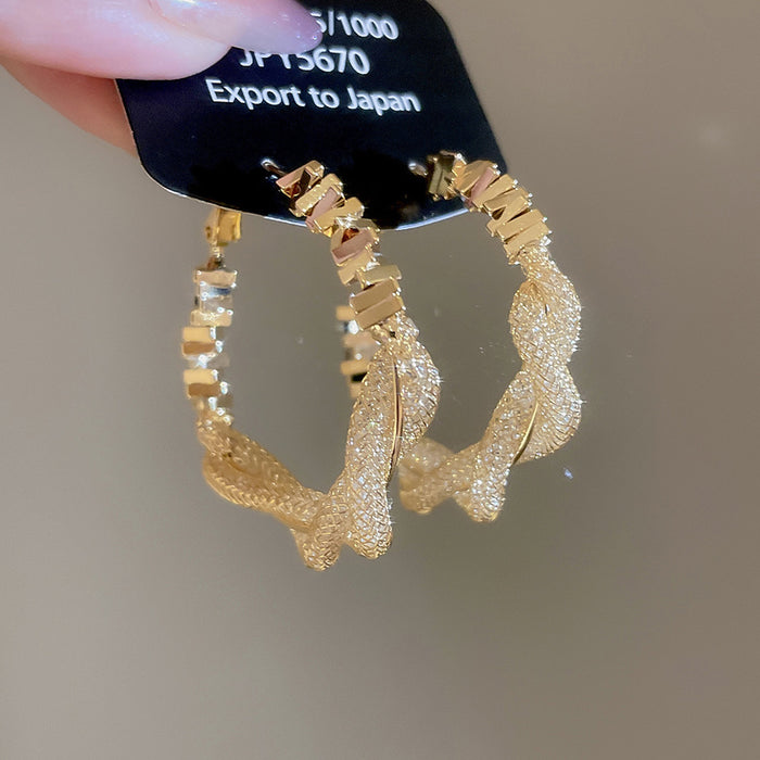 Gold Tone Textured Open Hoop Earrings with Crystal Mesh