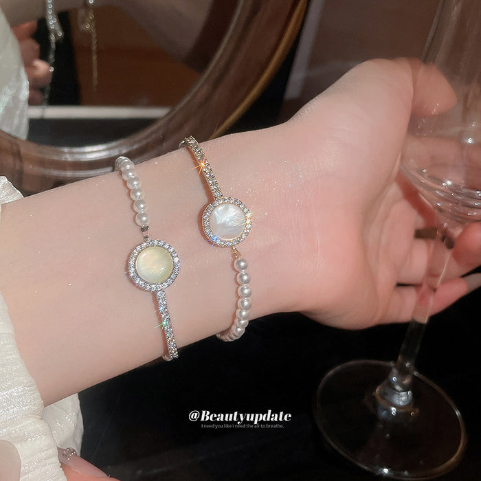 Pearl Bracelets Round Shell Cabochon Pave Bar Gold Silver