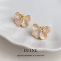 Gold Tone Pink Pearlescent Five Petal Flower Clear Stone Stud Earrings view 3