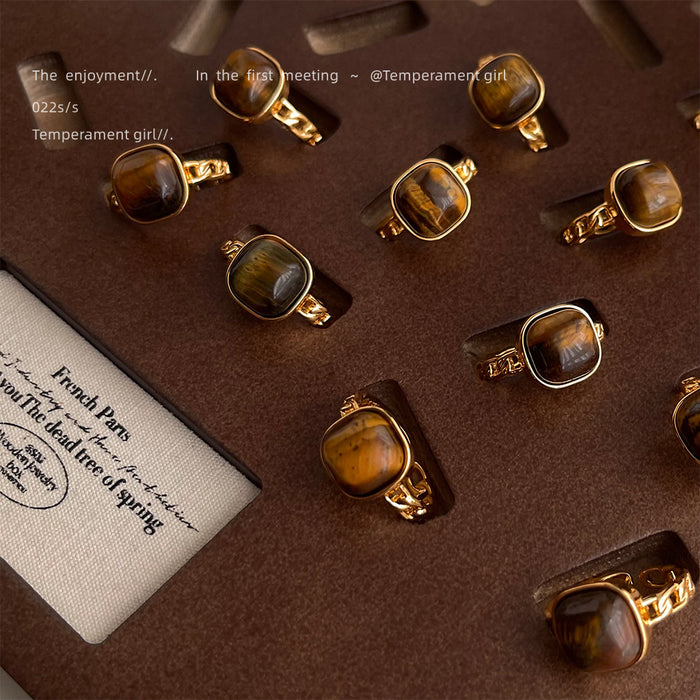 Gold Tone Brown Banded Square Stone Adjustable Open Ring