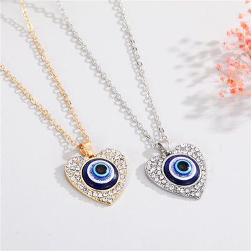 Crystal Heart Evil Eye Pendant Necklaces and Clip Keychains