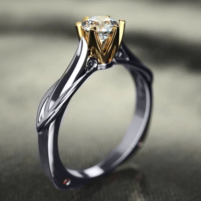 Two Tone Six Prong Round Clear Twisted Band Finger Ring