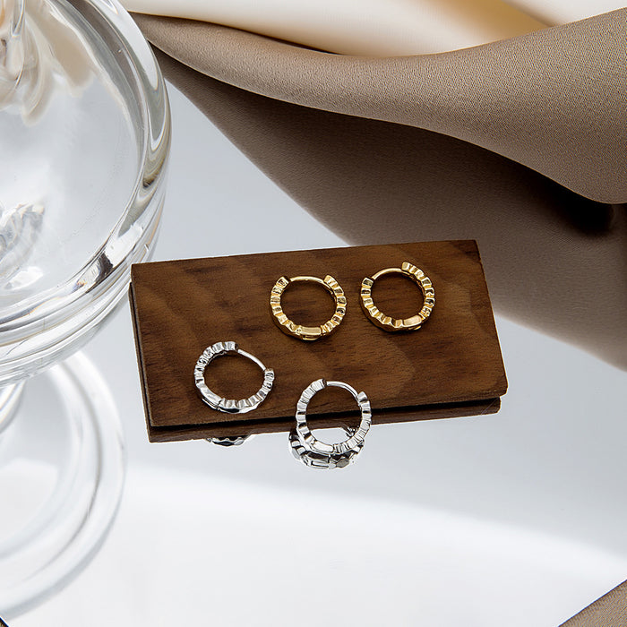 Ridged Silver Tone Delicate Small Round Huggie Earrings