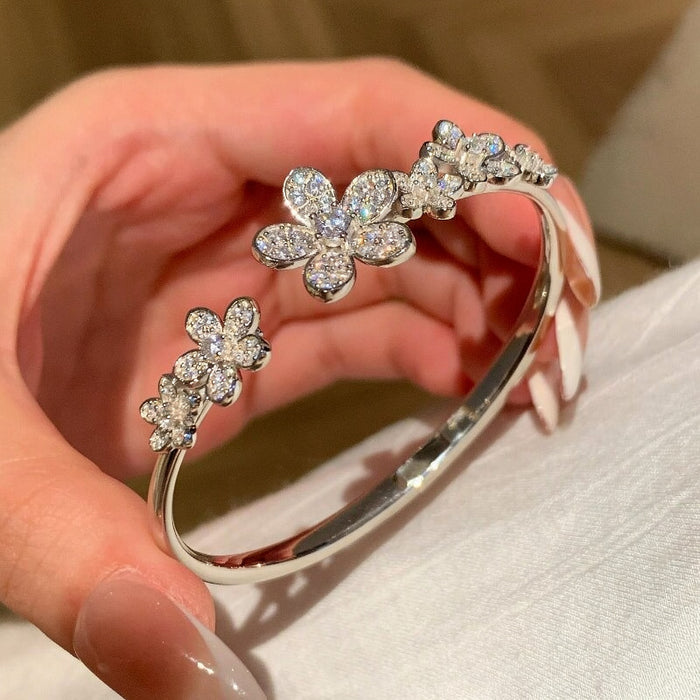 Silver Crystal Flower Open Hinge Bangle Bracelet One Style