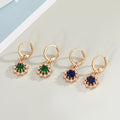 Gold Tone Round Crystal Halo Huggie Earrings in Green and Blue view 1