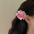 Red Fabric Rose Alligator Hair Clip With Green Leaf Accents view 2