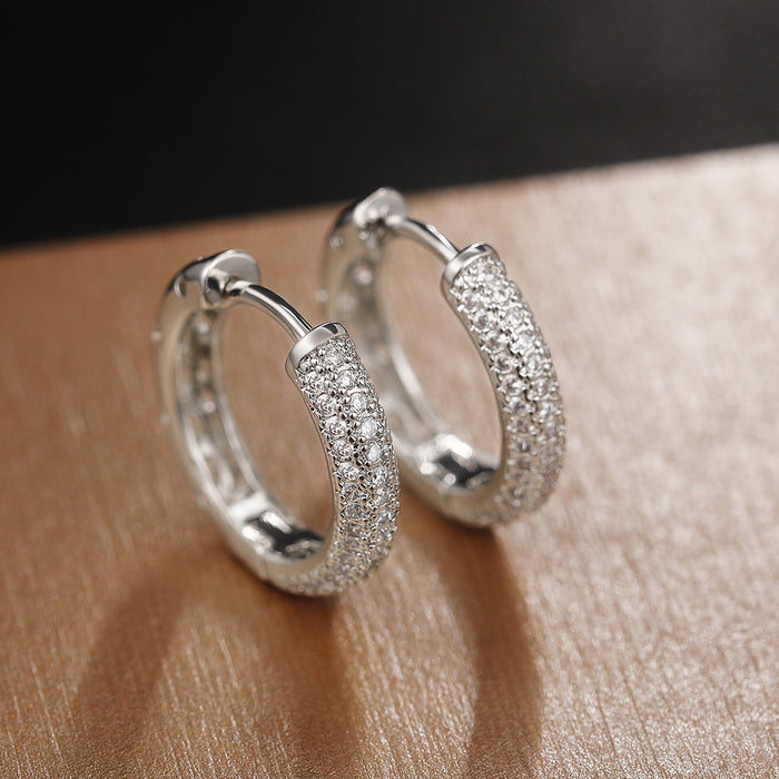 Triple-Row Pave Hinged Hoop Earrings In Polished Silver Tone