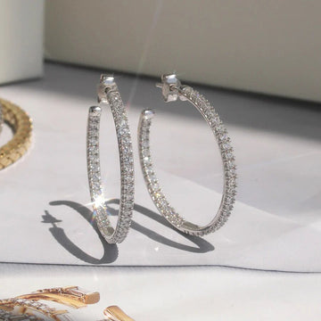 Single-Row Clear Stone Large Oval Hoop Earrings In Silver Tone
