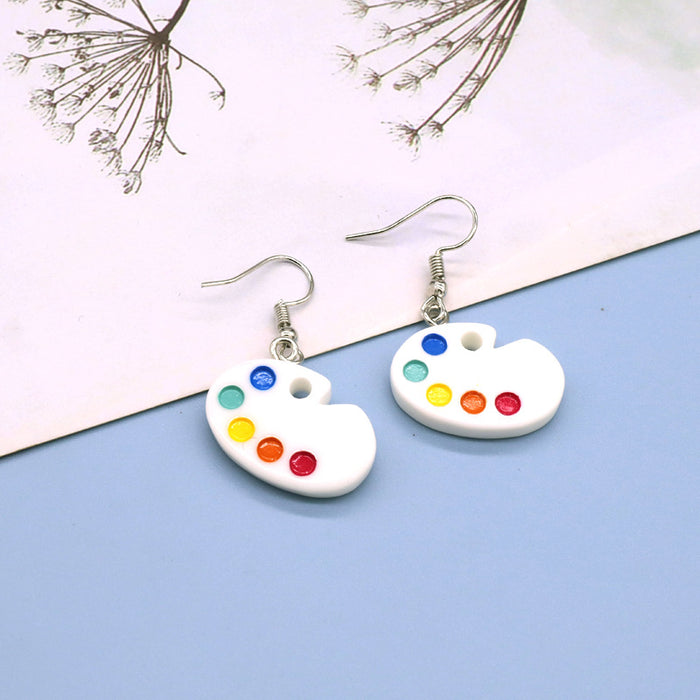 Silver Tone White Artist Paint Palette Hook Drop Earrings
