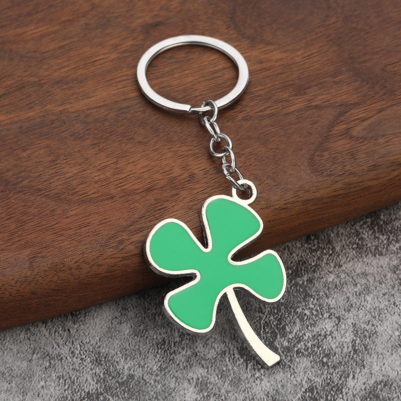 Lucky Four Leaf Clover Metal Keychain with Large Green Leaf Charm