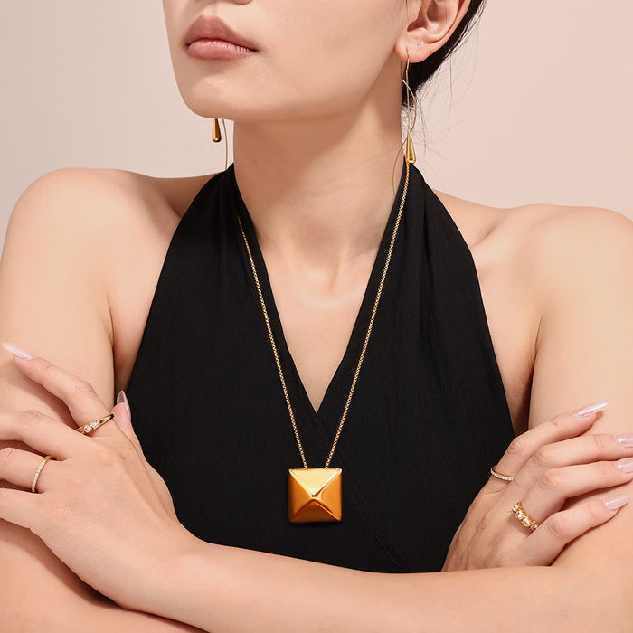 Titanium Steel Pyramid Stud Square Pendant Necklace Gold Steel