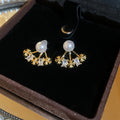 Gold Tone Pearl and Crystal Floral Drop Stud Earrings view 7