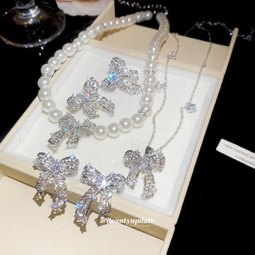 Silver Crystal Bow Pearl Necklace Ear Clip Stud Four Styles