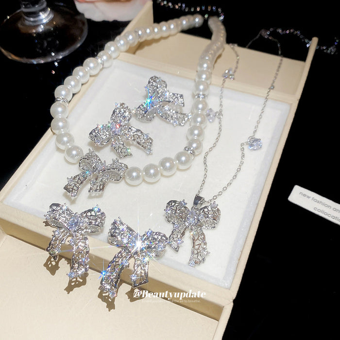 Silver Crystal Bow Pearl Necklace Ear Clip Stud Four Styles