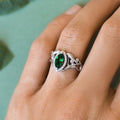 Green Marquise Stone Ring with Ornate Silver Tone Frame view 4