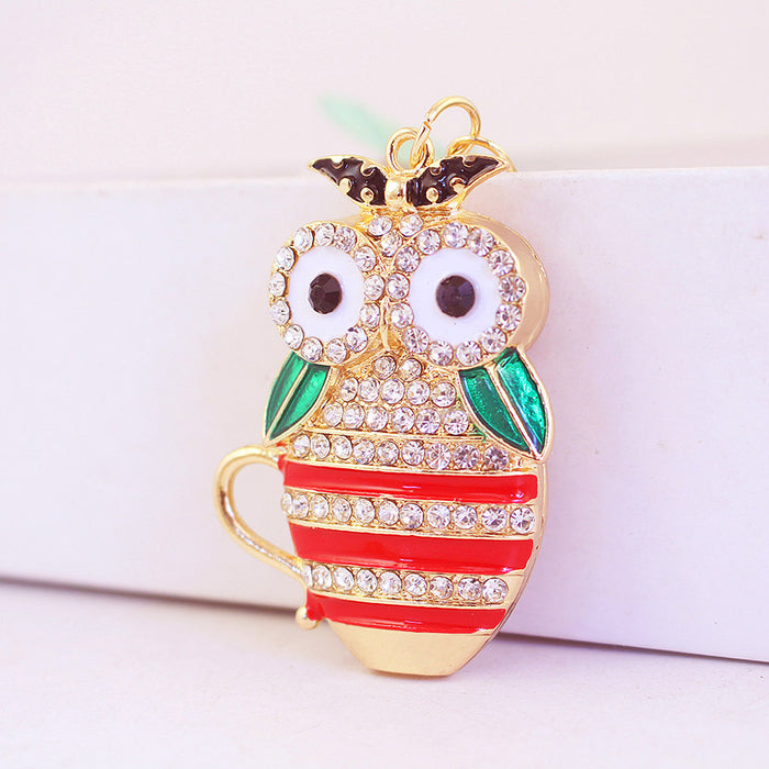 Colorful Rhinestone Owl in Teacup Car Keychain Bag Charm