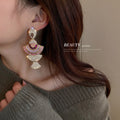 Gold Pink Tiered Fan Crystal Dangle Statement Earrings view 3