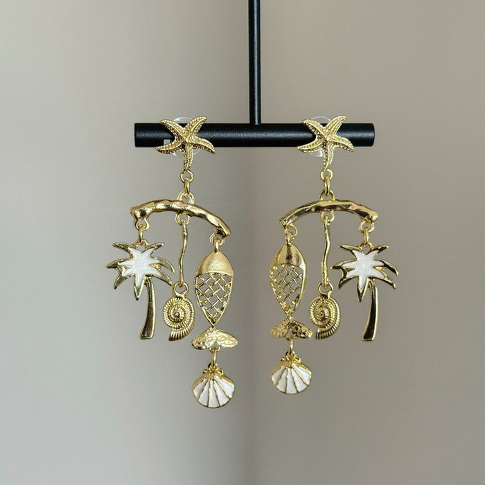 Tropical Starfish Palm Tree and Shell Dangle Earrings