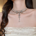 Silver Tone Crystal Bow Choker Necklace with Pearl Like Drops view 3