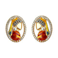 Gold Tone Red Dress Woman Portrait Pearl And Clear Stone Stud Earrings view 5