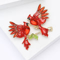 Pair of Red Cardinal Birds Enamel Brooch with Green Leaves view 3
