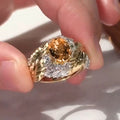Gold Tone Feather Embossed Ring Yellow Oval Center Clear Stones view 1