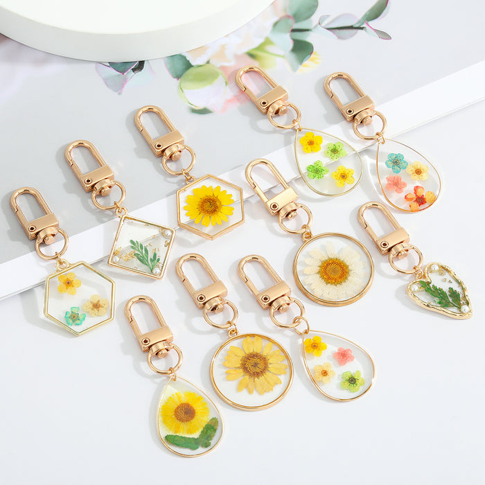 Gold Tone Pressed Flower Resin Clip Keychains in Four Shapes