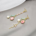 Pink Flower Branch and Chain Asymmetrical Stud Earrings view 2