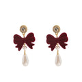 Black and Red Bow Pearl Look Long Dangle Stud Earrings view 5