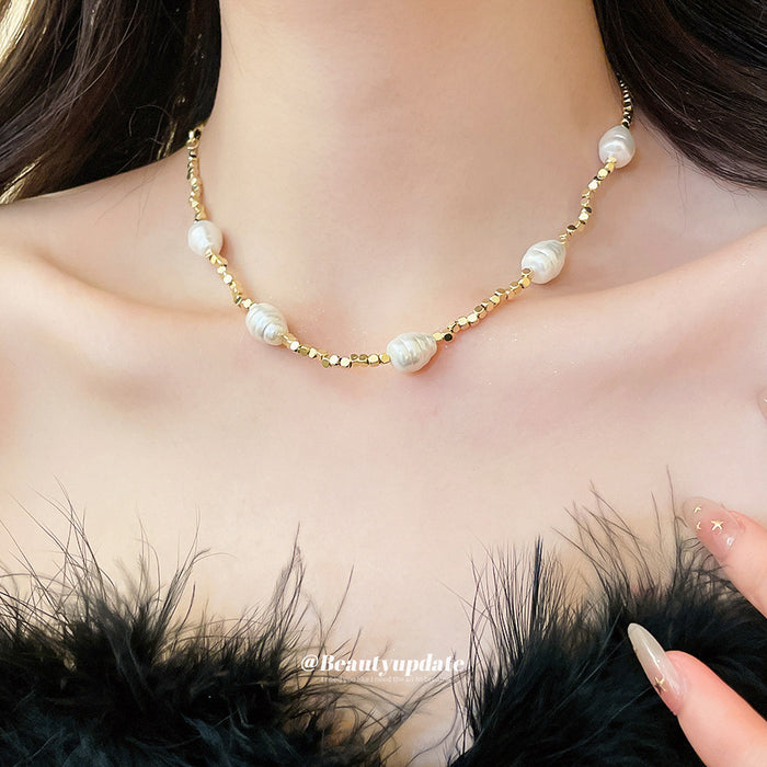 Gold Tone Irregular Pearl Beaded Strand Necklace Fashion Jewelry