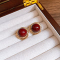 Round Cabochon Stud Earrings in Red and Pearl White view 6