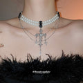 Layered White Pearl Necklace with Silver Tone Cross Charms view 3
