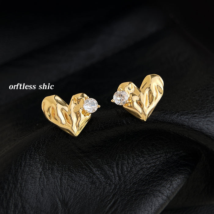 Gold Melt Textured Heart Stud Earrings Clear CZ Stone