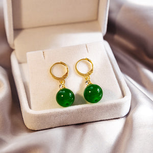 Green Glossy Round Bead Drop Earrings on Gold-Tone Alloy Hoops