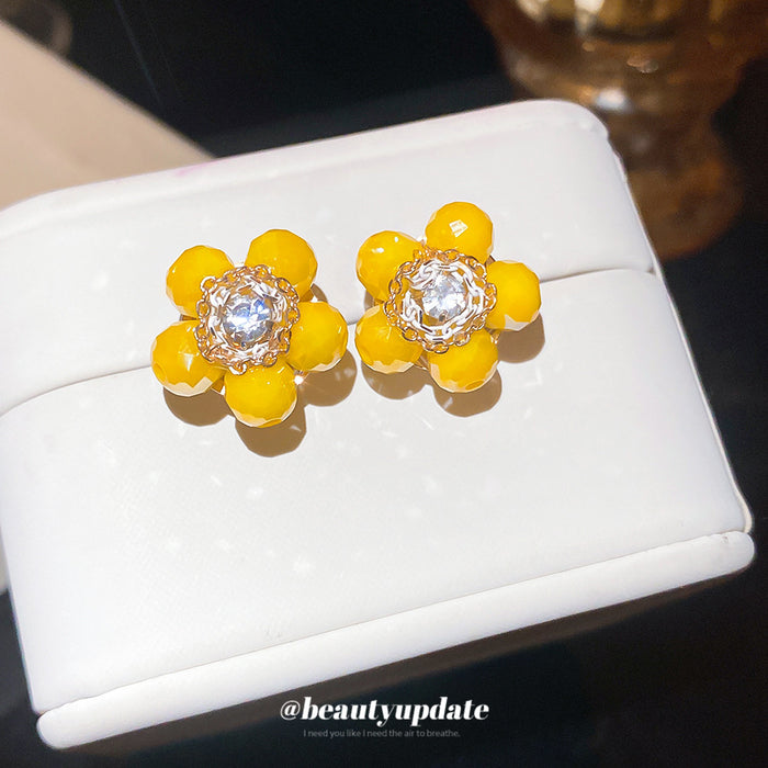 Yellow Round Bead Flower And Crystal Center Stud Earrings